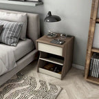 DH BASIC Modern Chestnut Brown 1-Drawer Nightstand with Charging Station and Hidden Storage by Denhour