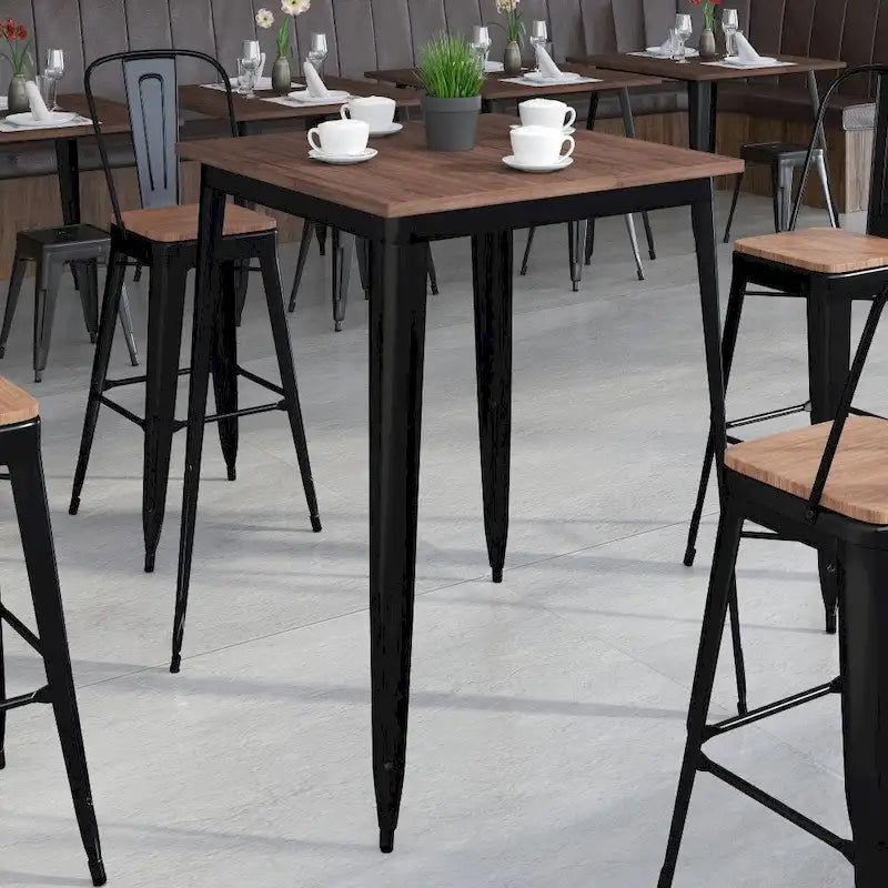 31.5 Square Metal Indoor Bar Height Table with Rustic Wood Top