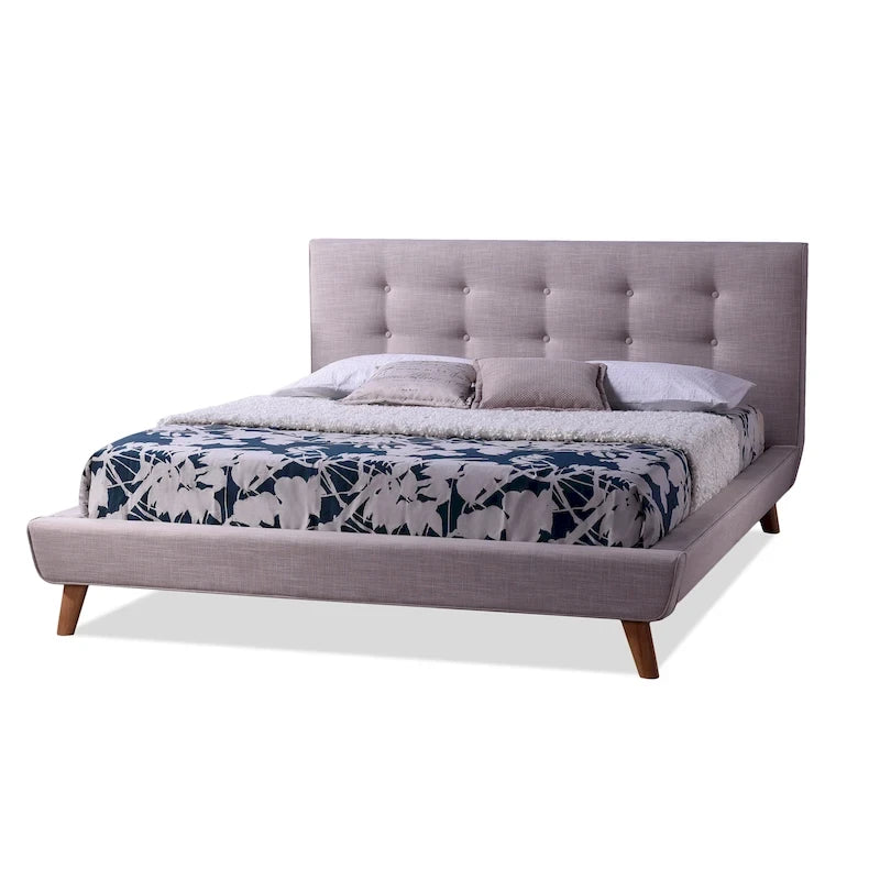 Mid-Century Beige Tufted Upholstered King Platform Bed