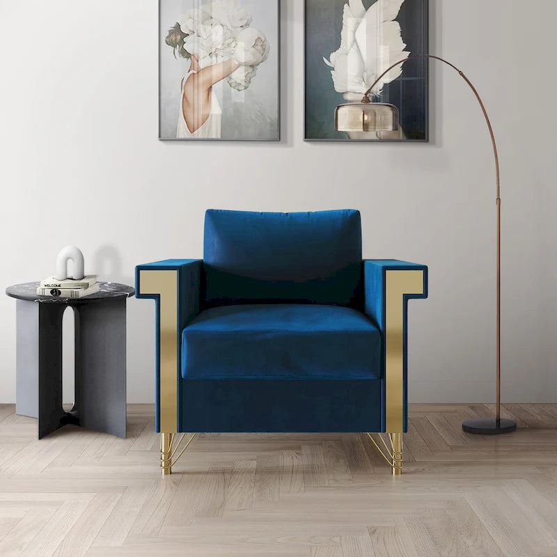 Velvet Upholstered Arm Chair with Gold Metal Legs