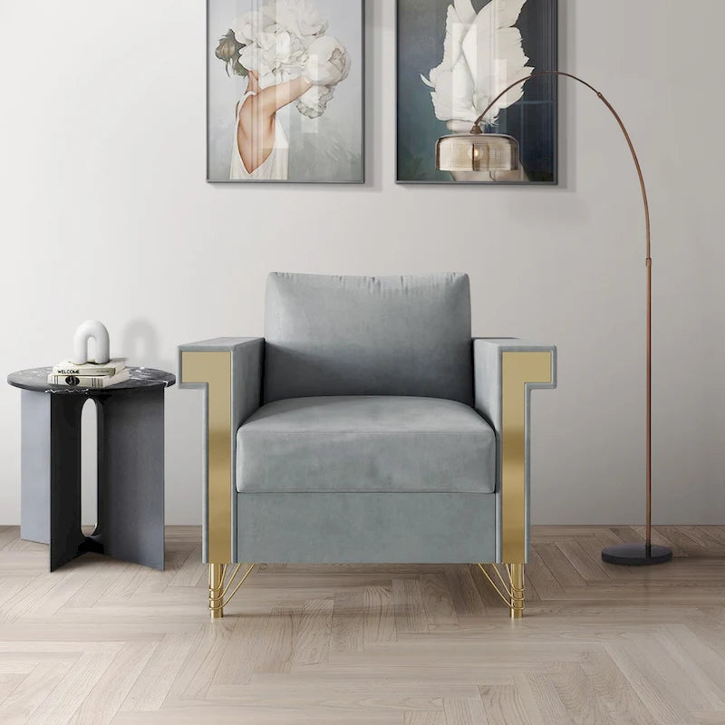 Velvet Upholstered Arm Chair with Gold Metal Legs