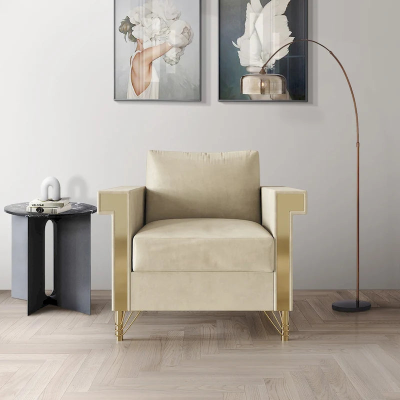 Velvet Upholstered Arm Chair with Gold Metal Legs