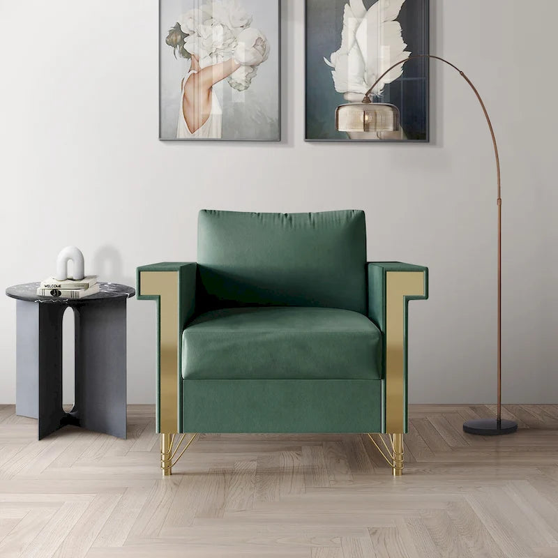 Velvet Upholstered Arm Chair with Gold Metal Legs
