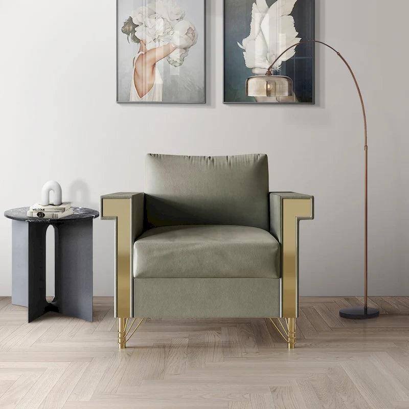 Velvet Upholstered Arm Chair with Gold Metal Legs