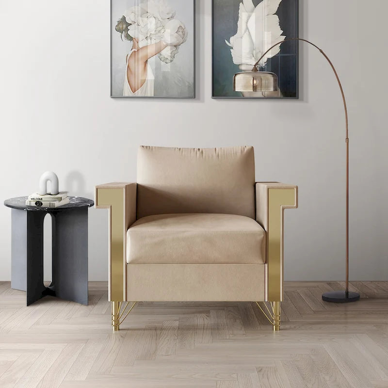 Velvet Upholstered Arm Chair with Gold Metal Legs