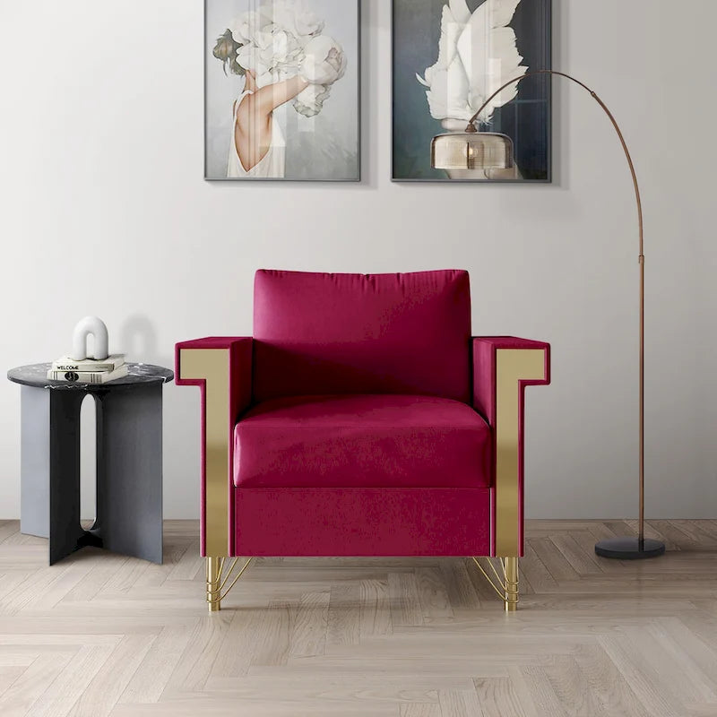 Velvet Upholstered Arm Chair with Gold Metal Legs