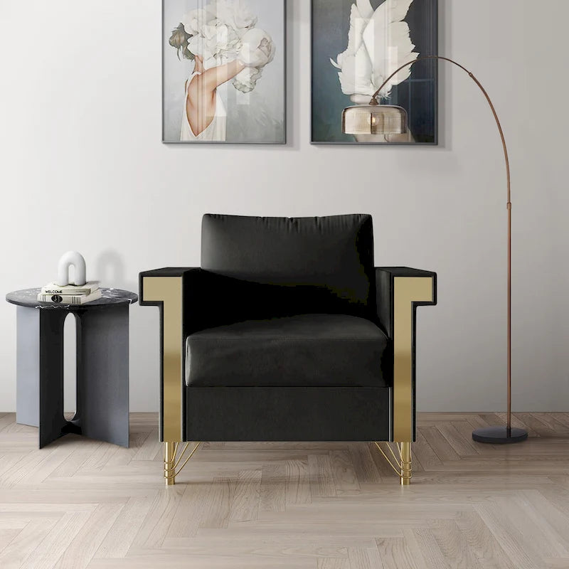 Velvet Upholstered Arm Chair with Gold Metal Legs