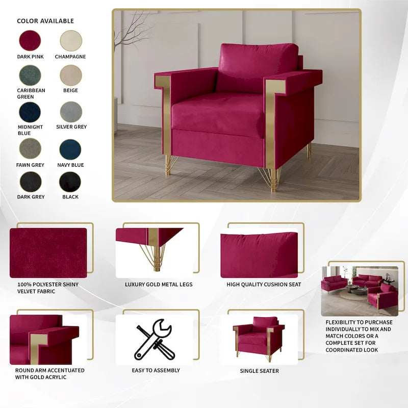 Velvet Upholstered Arm Chair with Gold Metal Legs