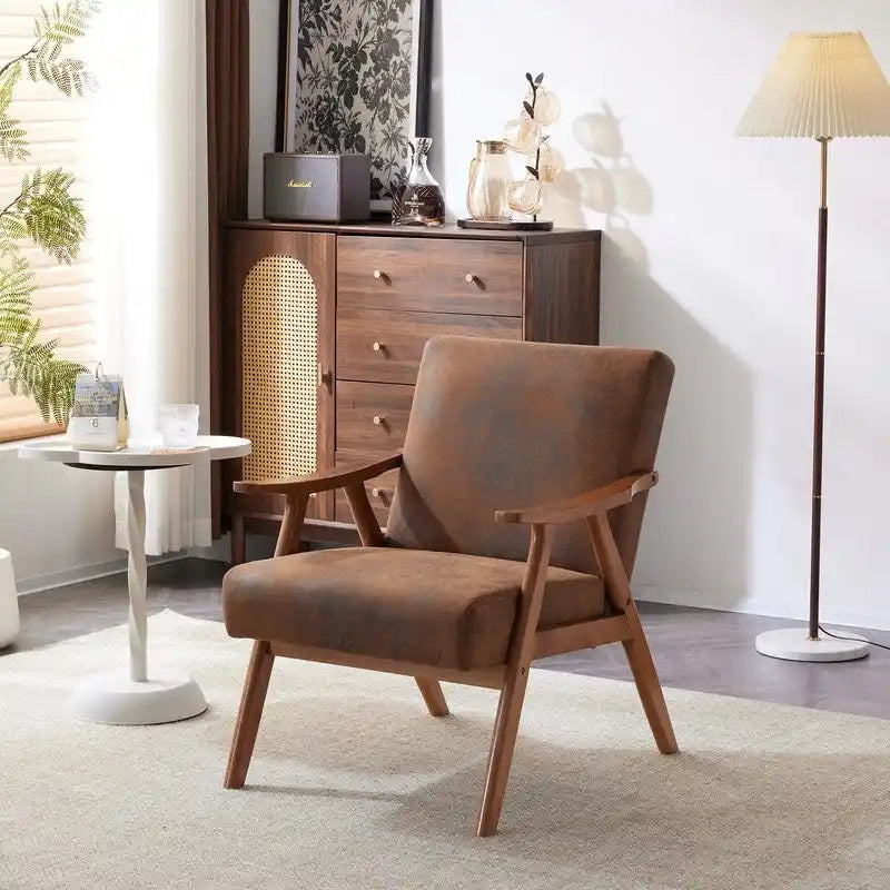 Mid-Century Retro Modern Upholstered Lounge Chair Fabric Accent Armchair Sturdy Wooden Frame