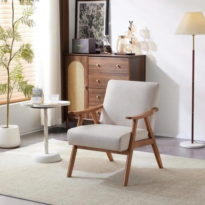 Mid-Century Retro Modern Upholstered Lounge Chair Fabric Accent Armchair Sturdy Wooden Frame
