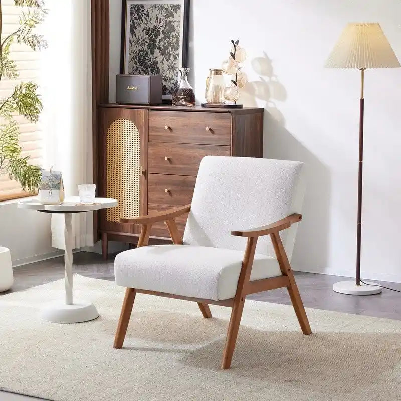 Mid-Century Retro Modern Upholstered Lounge Chair Fabric Accent Armchair Sturdy Wooden Frame