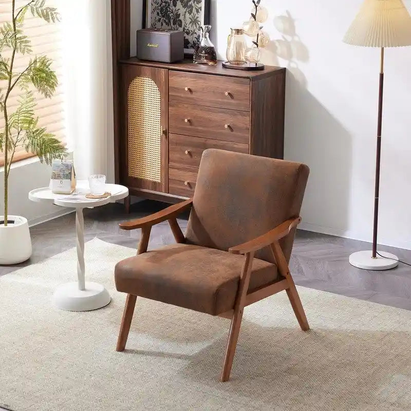 Mid-Century Retro Modern Upholstered Lounge Chair Fabric Accent Armchair Sturdy Wooden Frame