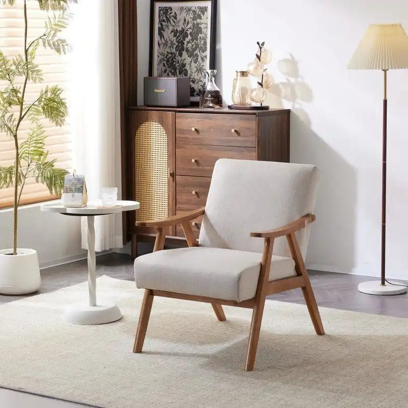 Mid-Century Retro Modern Upholstered Lounge Chair Fabric Accent Armchair Sturdy Wooden Frame