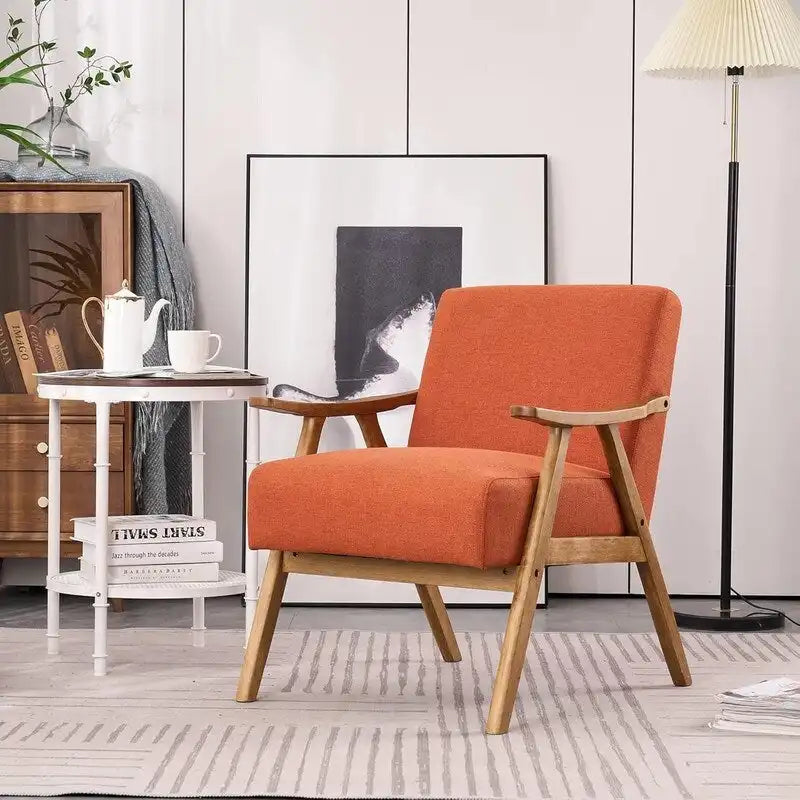 Mid-Century Retro Modern Upholstered Lounge Chair Fabric Accent Armchair Sturdy Wooden Frame