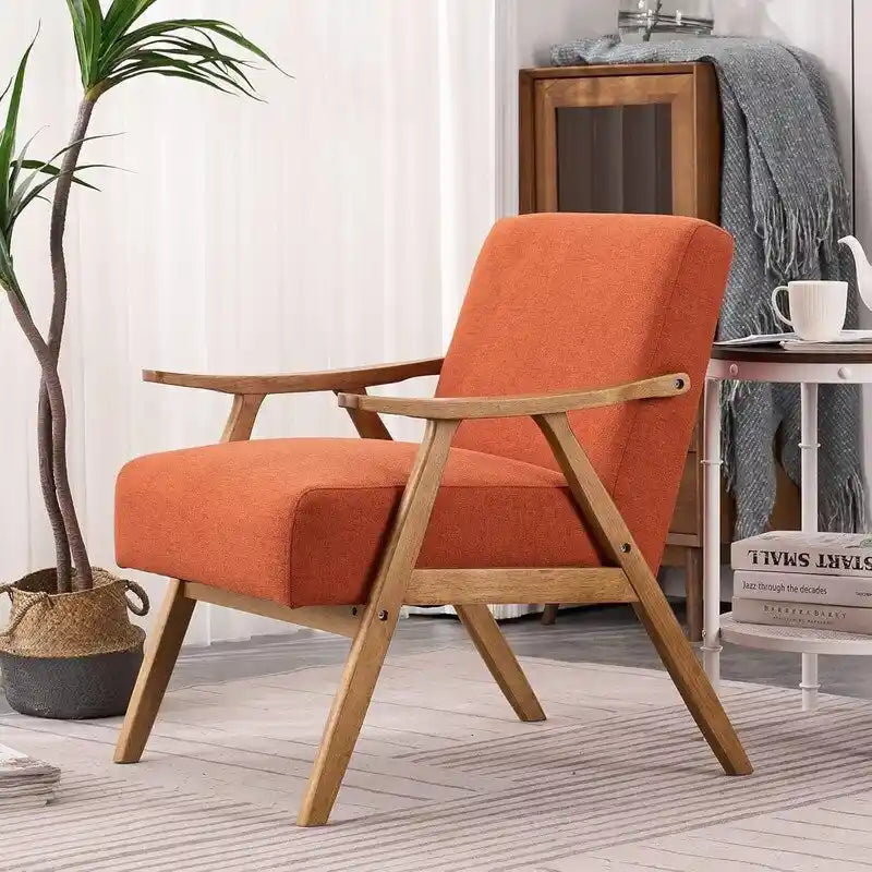 Mid-Century Retro Modern Upholstered Lounge Chair Fabric Accent Armchair Sturdy Wooden Frame