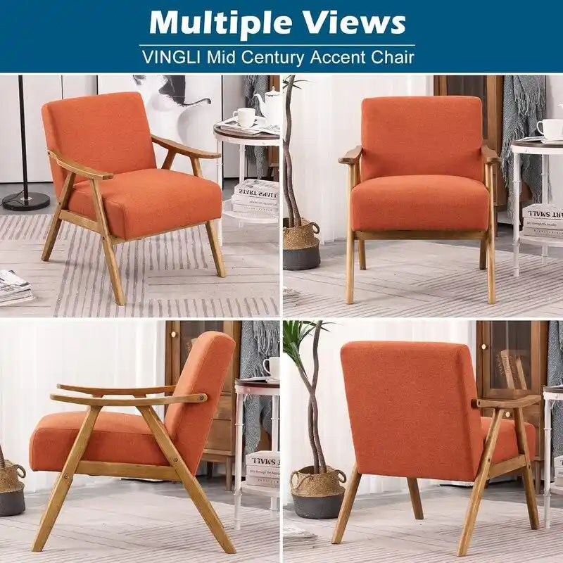Mid-Century Retro Modern Upholstered Lounge Chair Fabric Accent Armchair Sturdy Wooden Frame