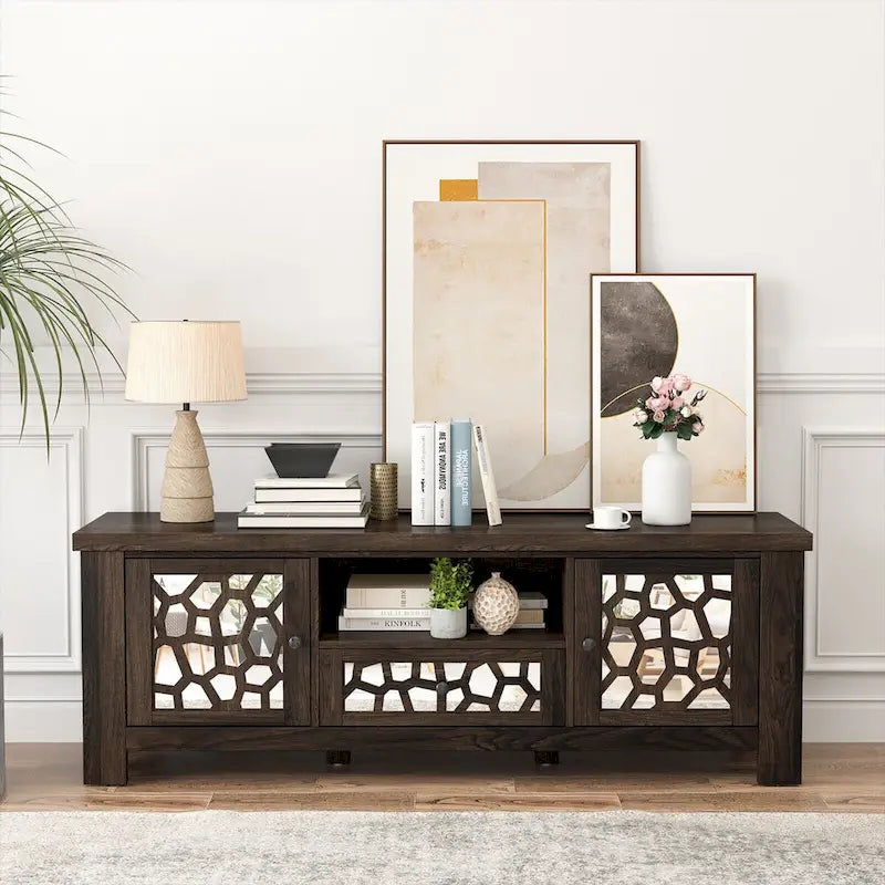 55-Zoll-Retro-TV-Ständer und Mediencenter mit Spiegeltüren