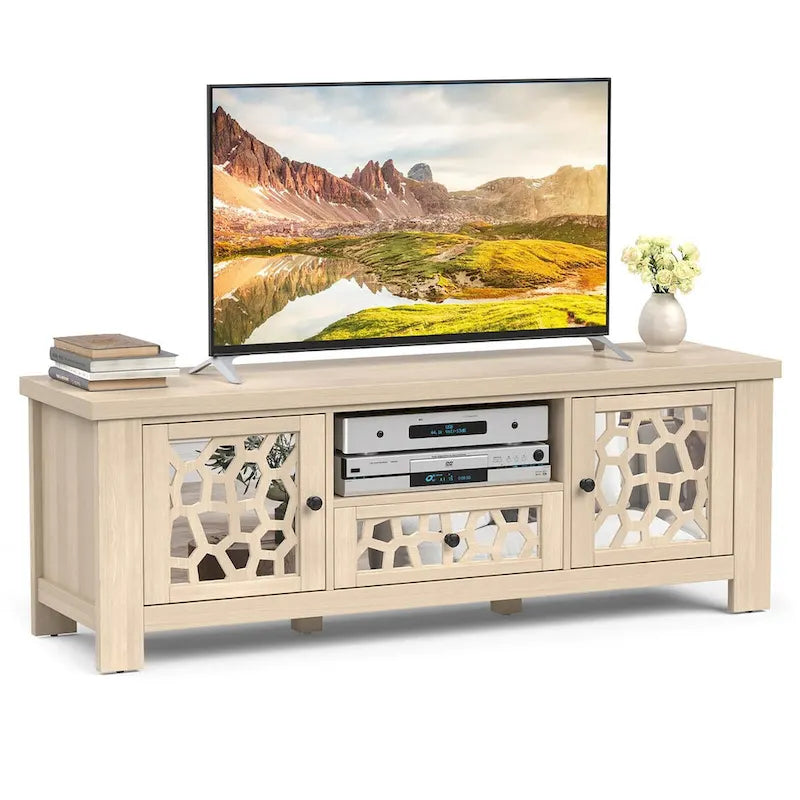 55-Zoll-Retro-TV-Ständer und Mediencenter mit Spiegeltüren