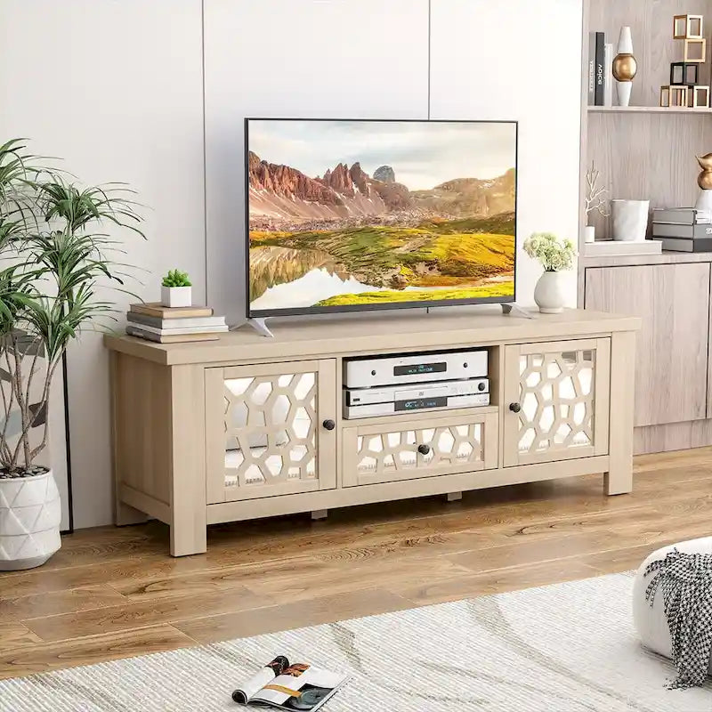 55-Zoll-Retro-TV-Ständer und Mediencenter mit Spiegeltüren