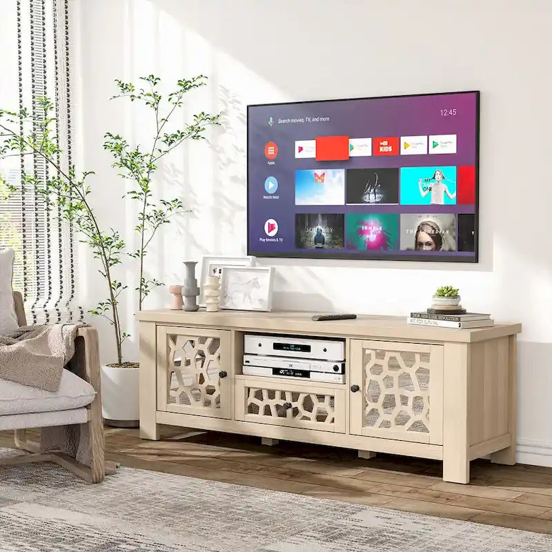 55-Zoll-Retro-TV-Ständer und Mediencenter mit Spiegeltüren
