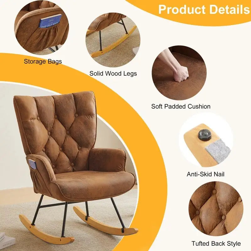 Upholstered Nursery Glider Rocking Chair with High Tufted Backrest