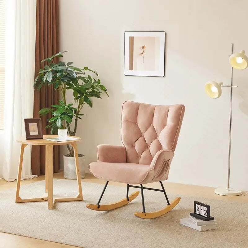 Upholstered Nursery Glider Rocking Chair with High Tufted Backrest