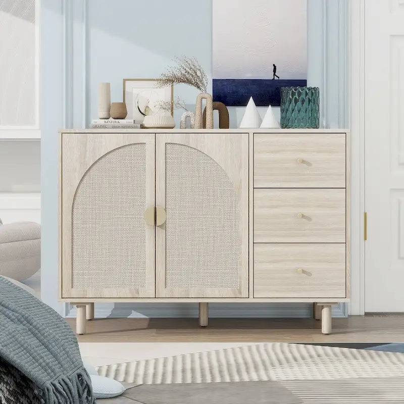 Speisekammerschrank aus Rattan und Holz mit 2 Türen und 3 Schubladen