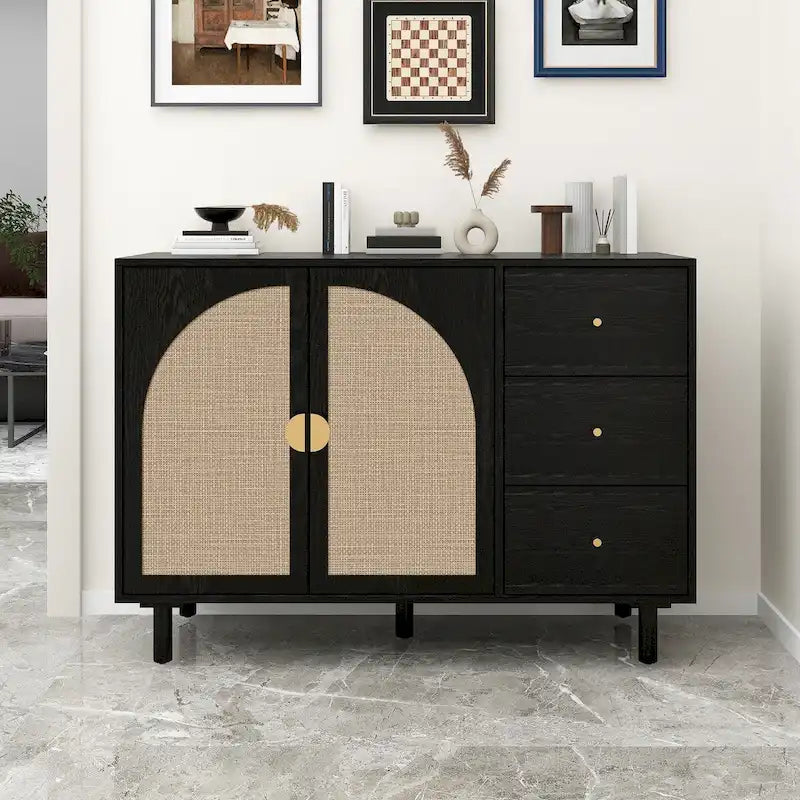 Rattan Wood Pantry Cabinet with 2 Doors and 3 Drawers