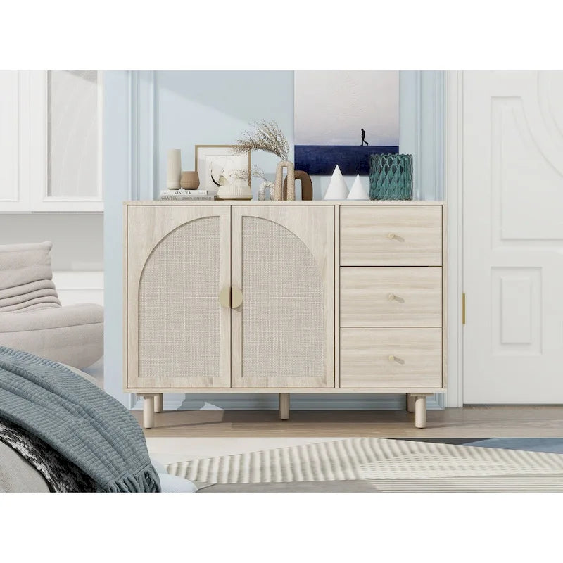 Rattan Wood Pantry Cabinet with 2 Doors and 3 Drawers