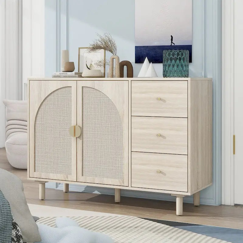 Speisekammerschrank aus Rattan und Holz mit 2 Türen und 3 Schubladen