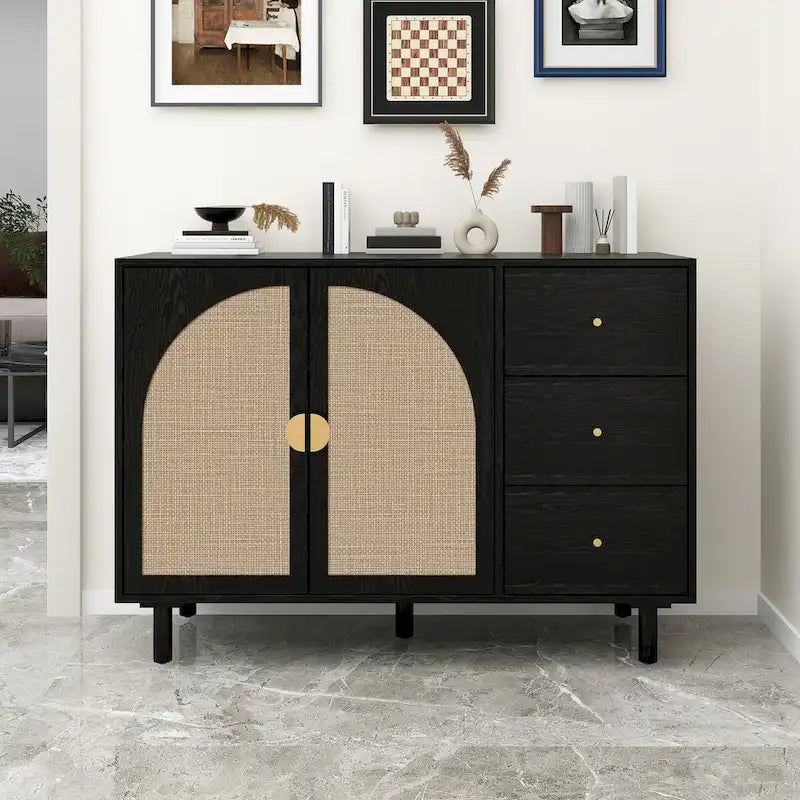 Speisekammerschrank aus Rattan und Holz mit 2 Türen und 3 Schubladen