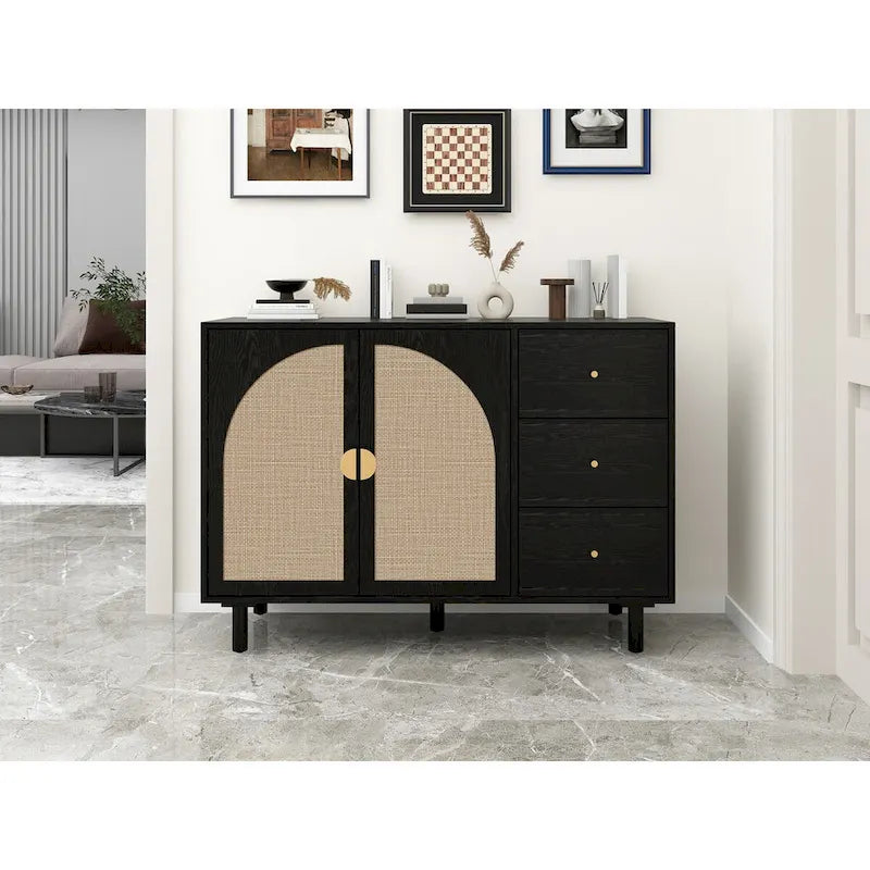 Speisekammerschrank aus Rattan und Holz mit 2 Türen und 3 Schubladen