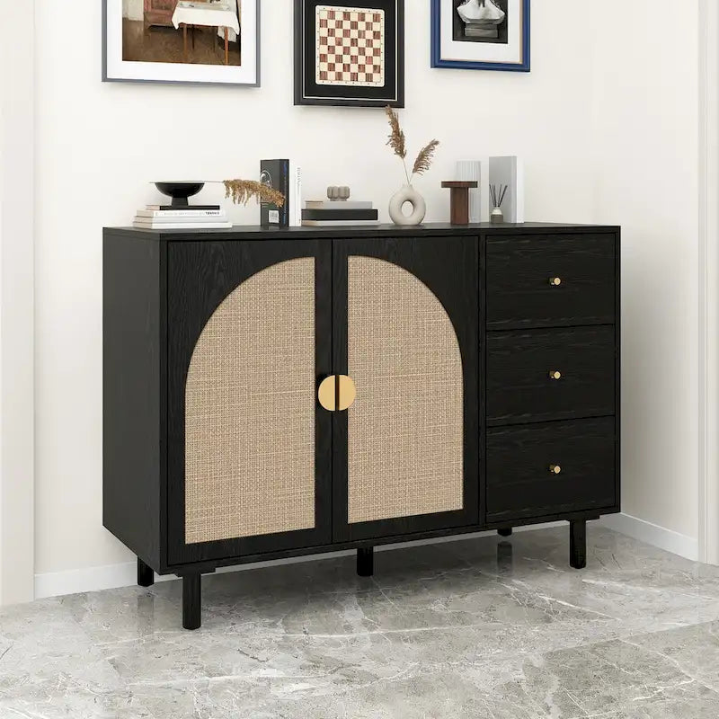 Speisekammerschrank aus Rattan und Holz mit 2 Türen und 3 Schubladen