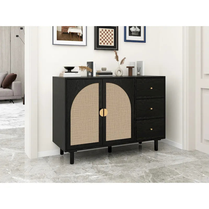 Speisekammerschrank aus Rattan und Holz mit 2 Türen und 3 Schubladen
