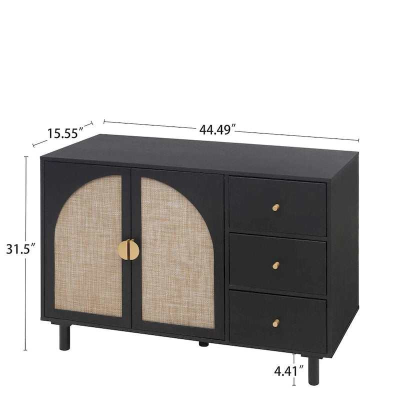 Speisekammerschrank aus Rattan und Holz mit 2 Türen und 3 Schubladen