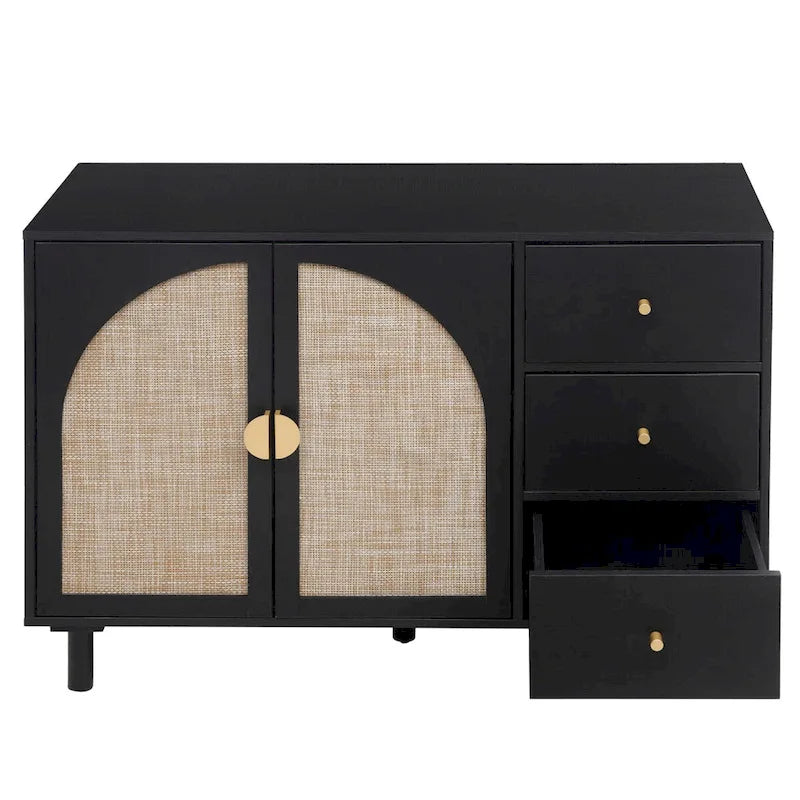 Speisekammerschrank aus Rattan und Holz mit 2 Türen und 3 Schubladen
