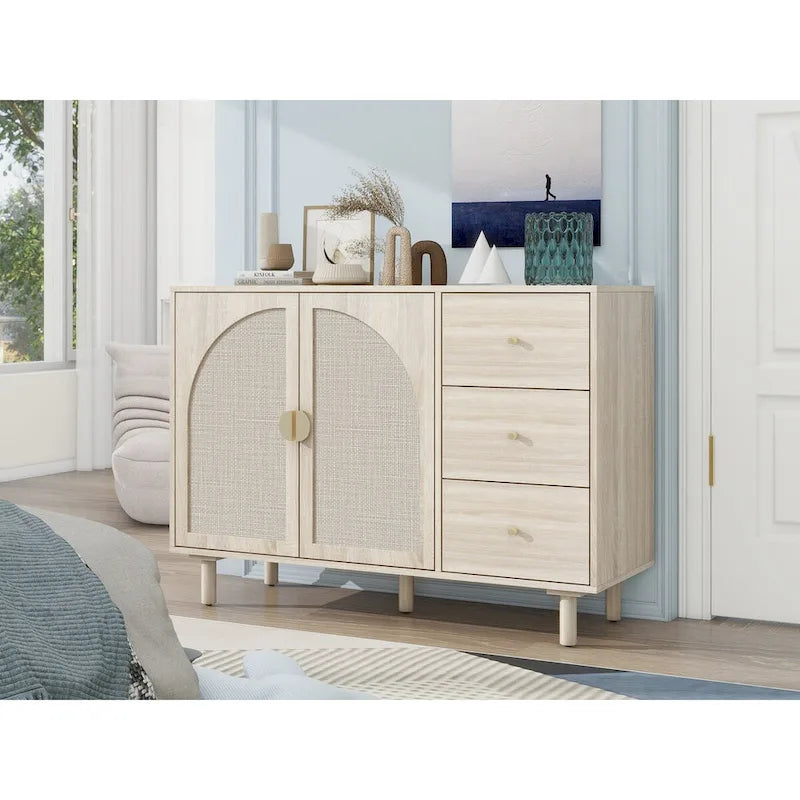 Speisekammerschrank aus Rattan und Holz mit 2 Türen und 3 Schubladen