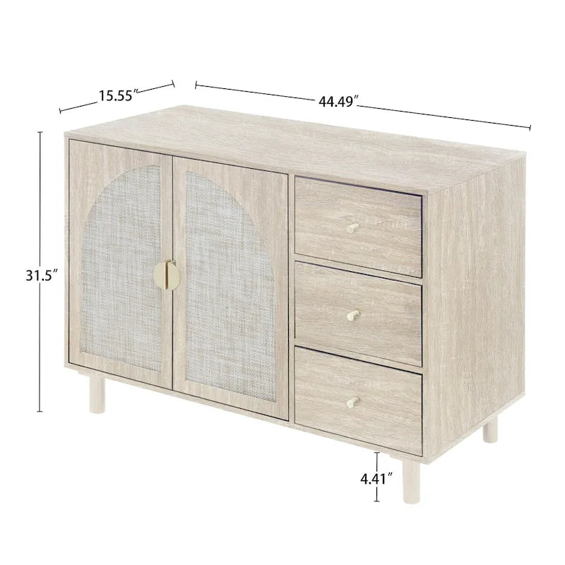 Speisekammerschrank aus Rattan und Holz mit 2 Türen und 3 Schubladen