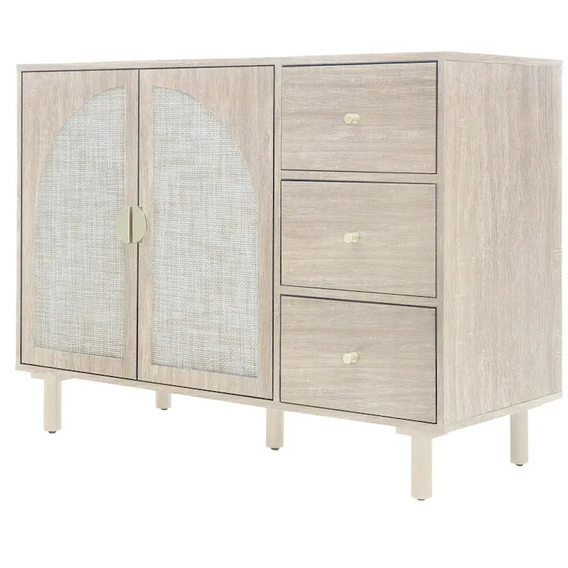 Speisekammerschrank aus Rattan und Holz mit 2 Türen und 3 Schubladen