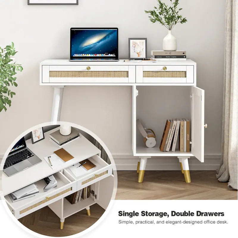 Scrivania per computer con 2 cassetti, scrivania moderna in rattan per ufficio domestico con schedario