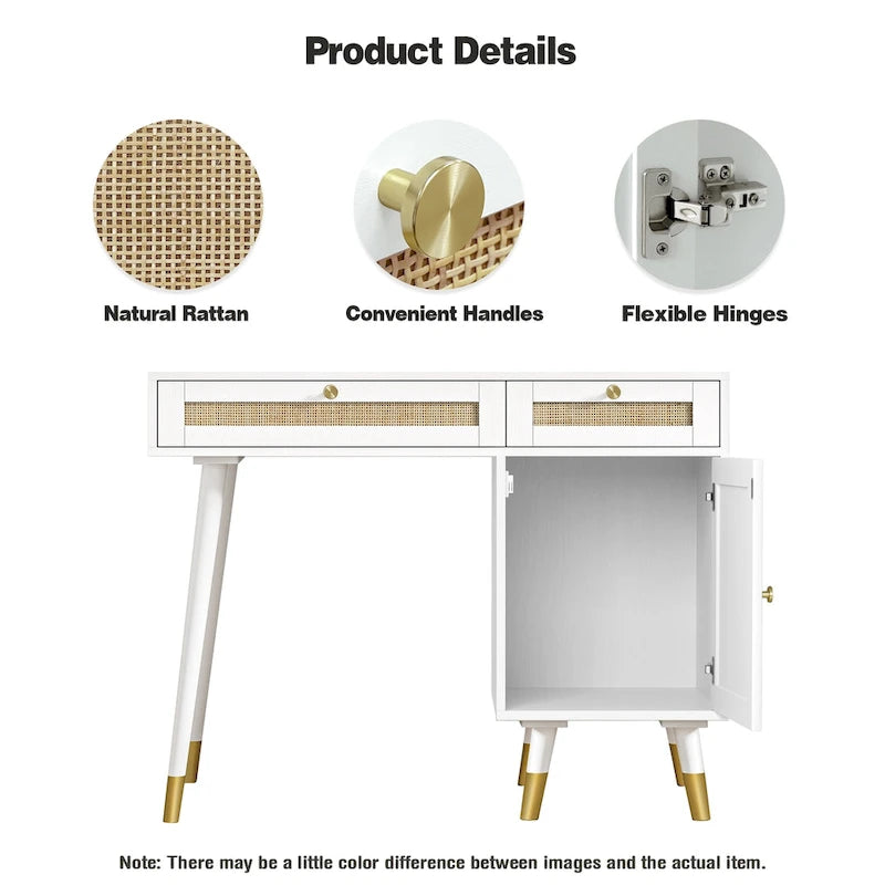Scrivania per computer con 2 cassetti, scrivania moderna in rattan per ufficio domestico con schedario
