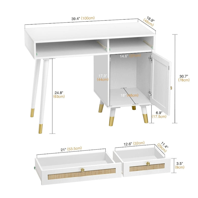 Scrivania per computer con 2 cassetti, scrivania moderna in rattan per ufficio domestico con schedario