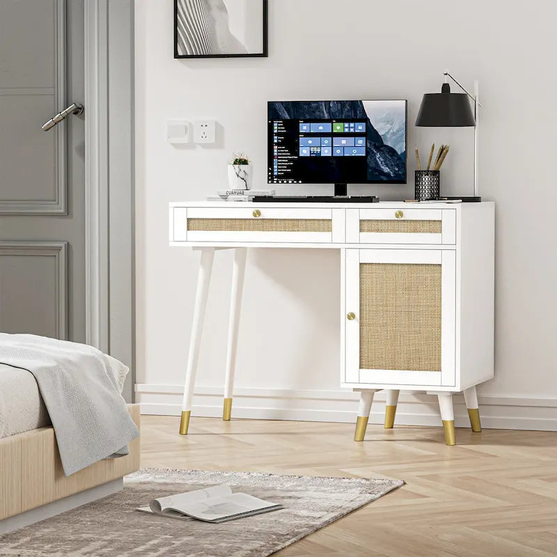 Scrivania per computer con 2 cassetti, scrivania moderna in rattan per ufficio domestico con schedario