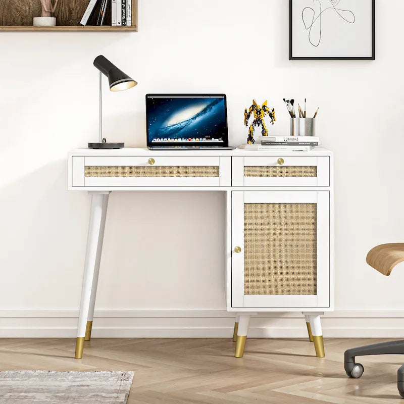 Scrivania per computer con 2 cassetti, scrivania moderna in rattan per ufficio domestico con schedario