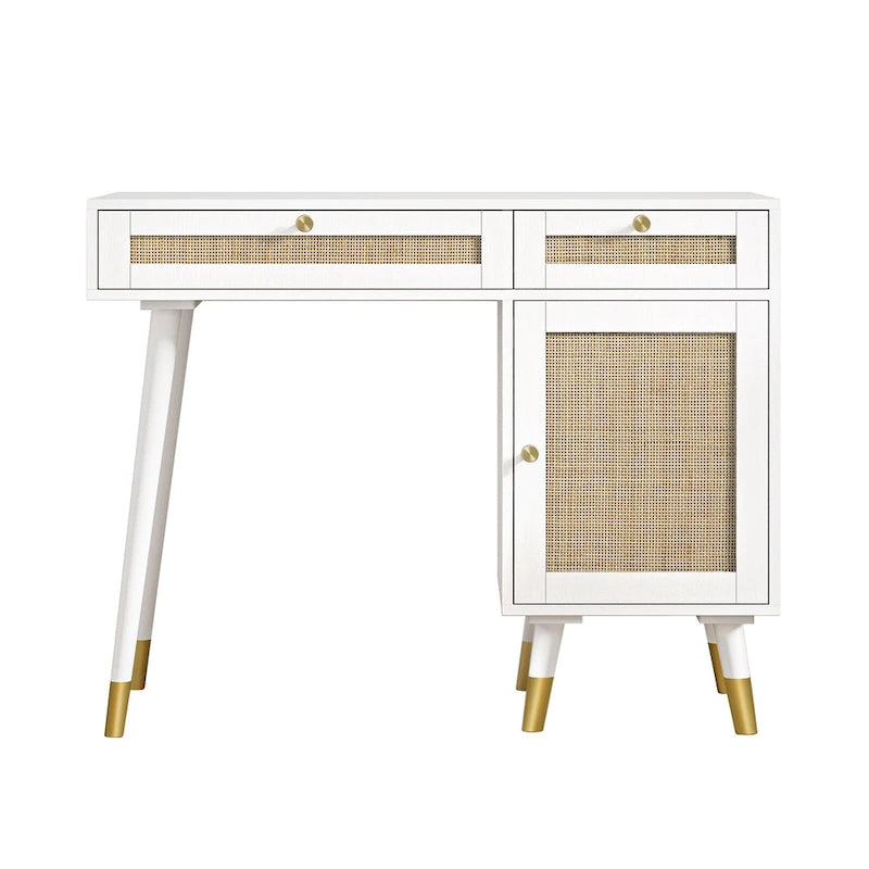 Scrivania per computer con 2 cassetti, scrivania moderna in rattan per ufficio domestico con schedario