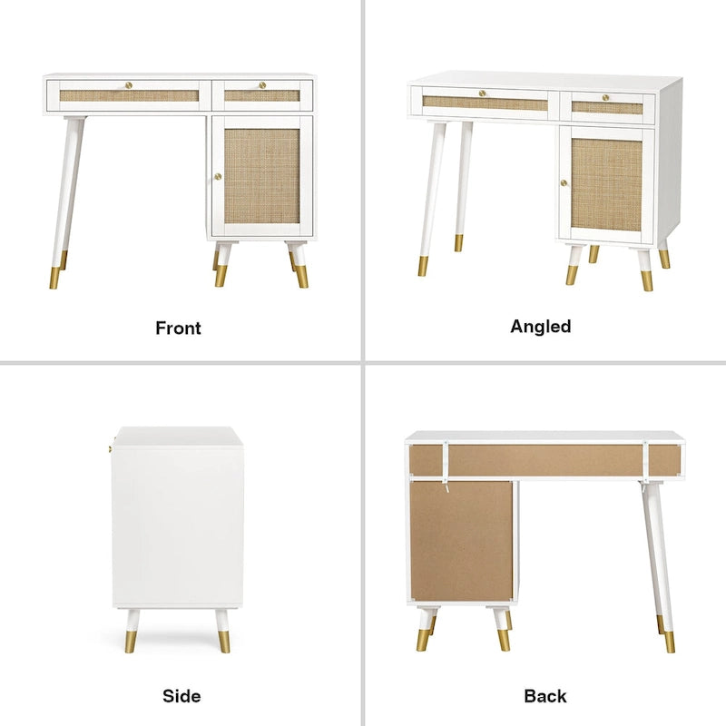 Scrivania per computer con 2 cassetti, scrivania moderna in rattan per ufficio domestico con schedario