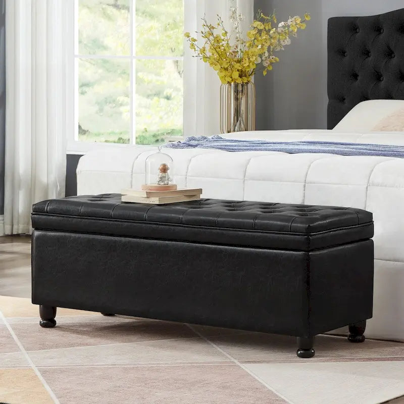 Black Faux Leather Tufted Storage Bench with Spindle Legs