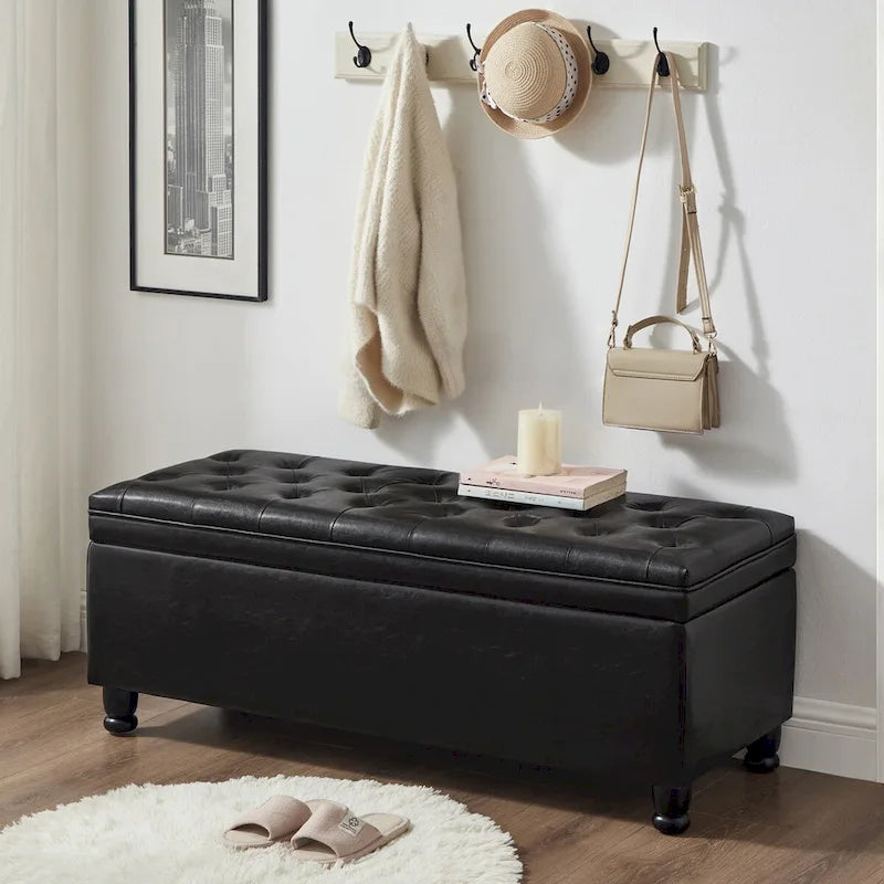 Black Faux Leather Tufted Storage Bench with Spindle Legs