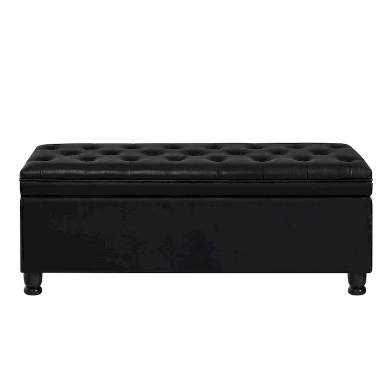 Black Faux Leather Tufted Storage Bench with Spindle Legs