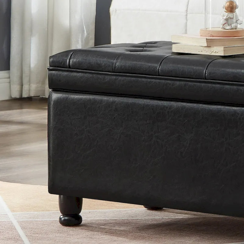 Black Faux Leather Tufted Storage Bench with Spindle Legs